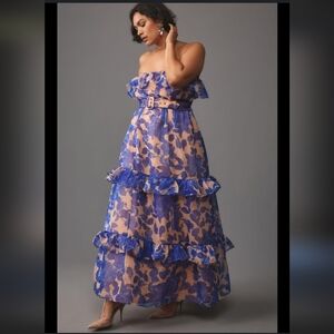 Anthropologie Blue Tiered Strapless Ruffle Maxi Dress